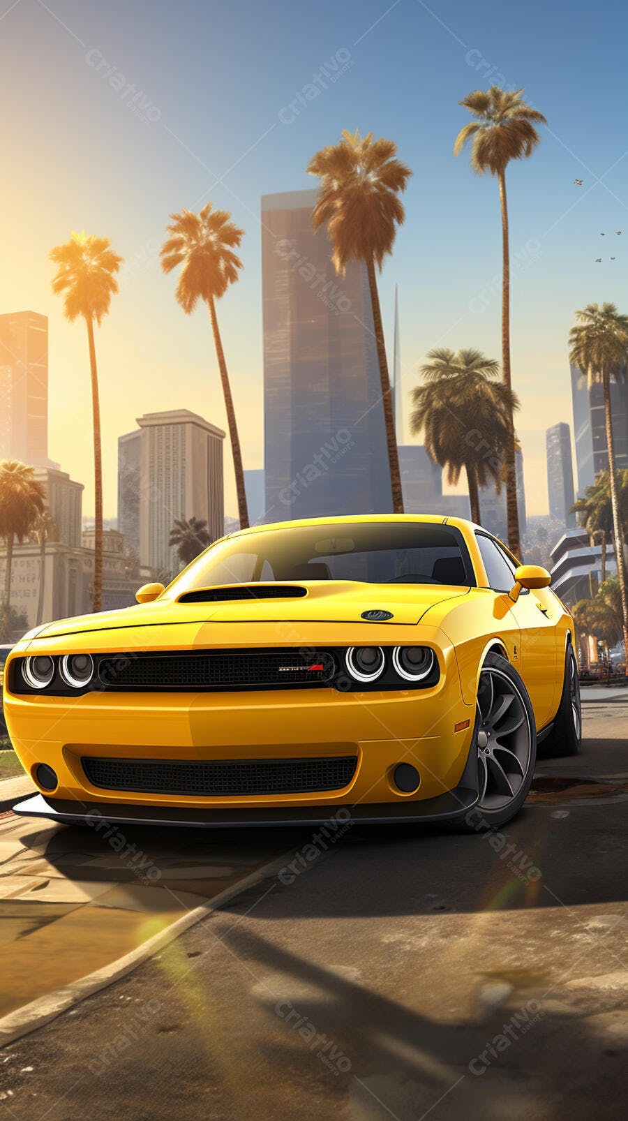 Muscle Car Amarelo em Paisagem Urbana