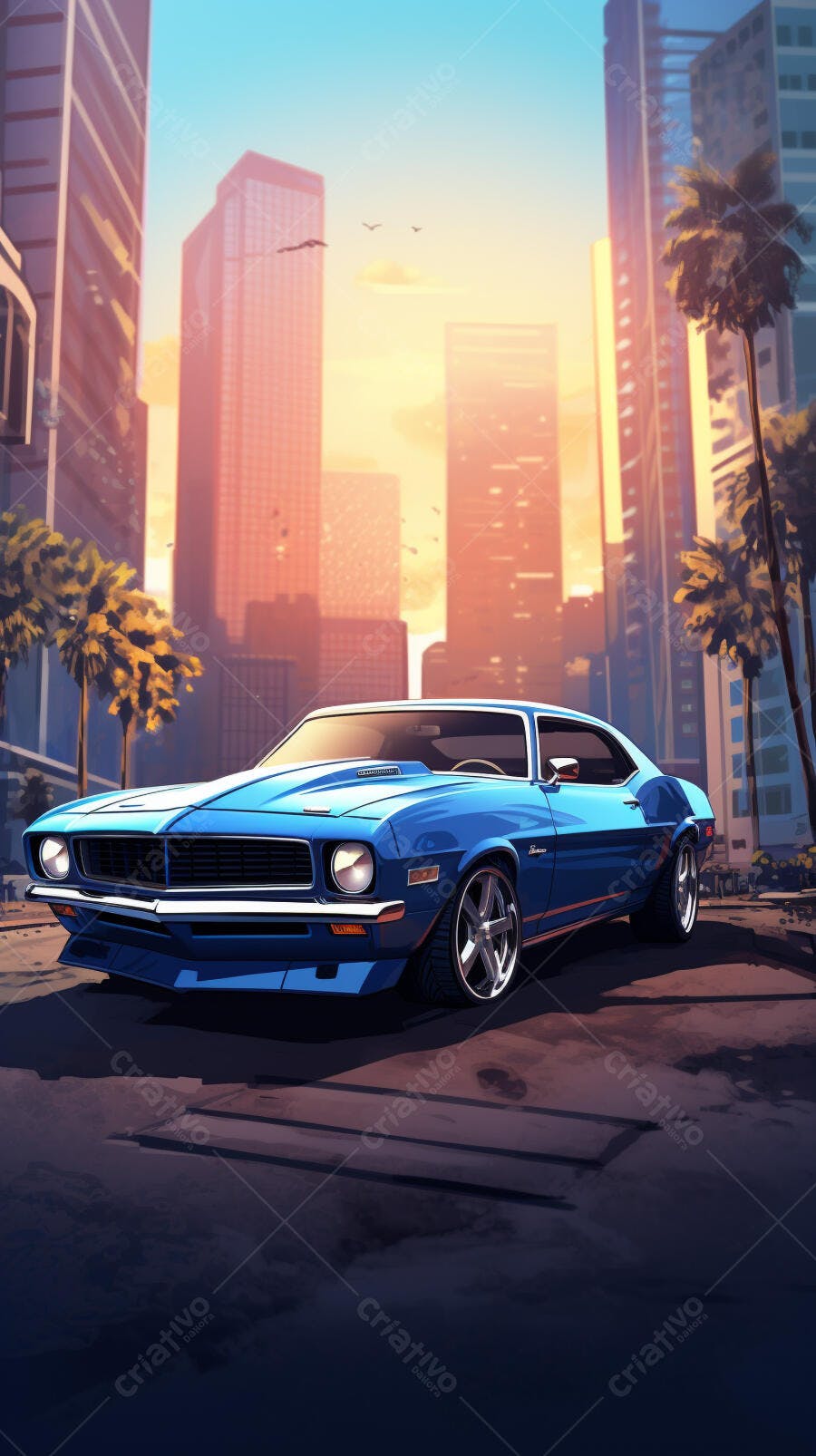Muscle Car Azul ao Pôr do Sol