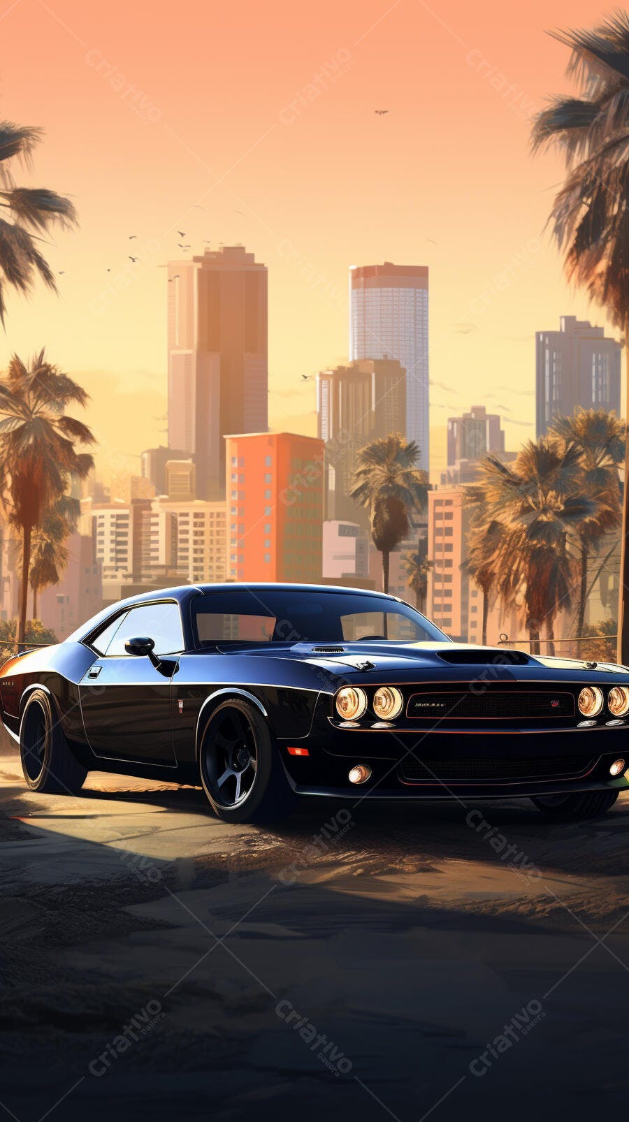 Dodge Challenger Preto ao Pôr do Sol