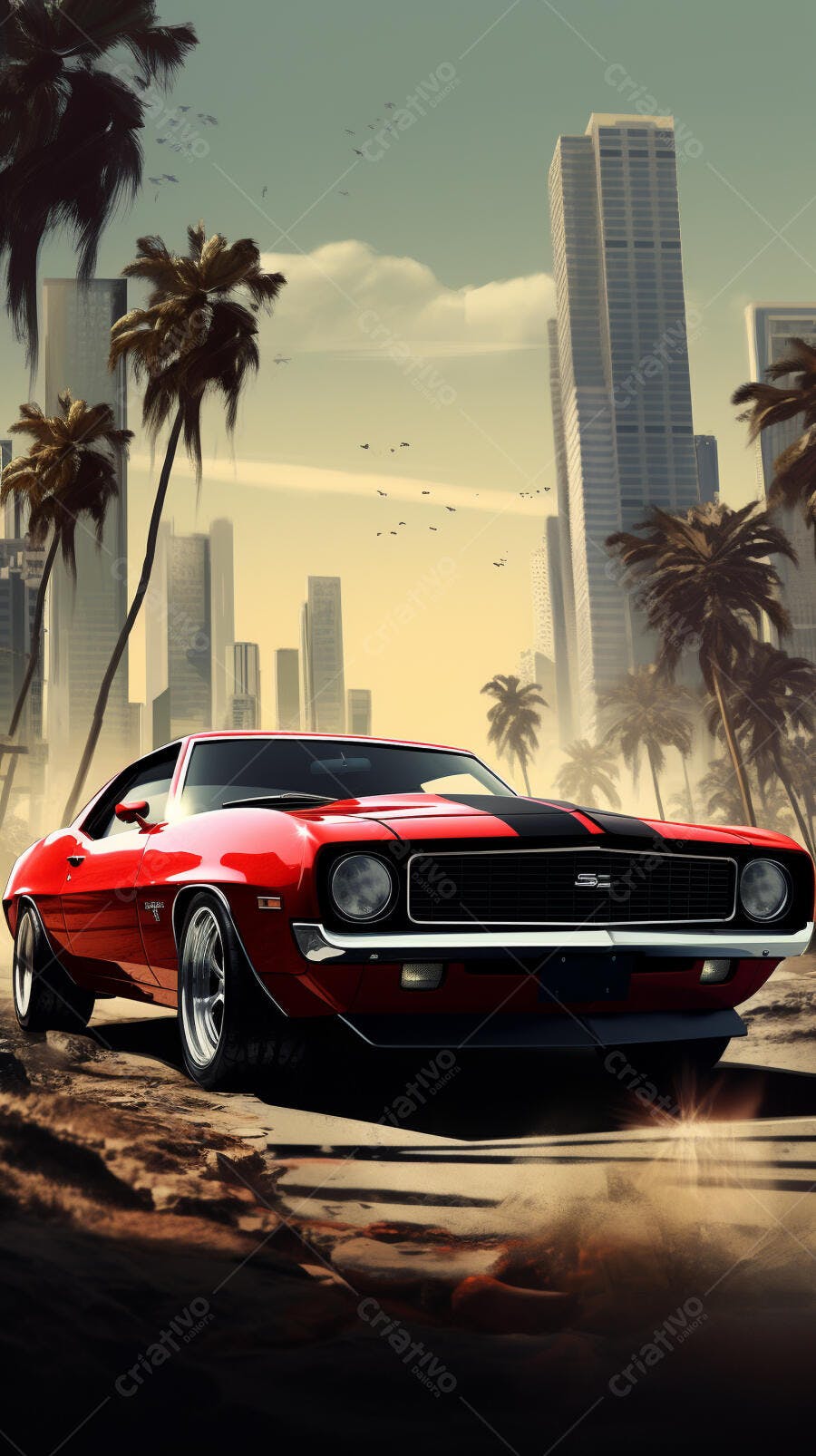 Chevrolet Camaro Vermelho na Praia ao Entardecer