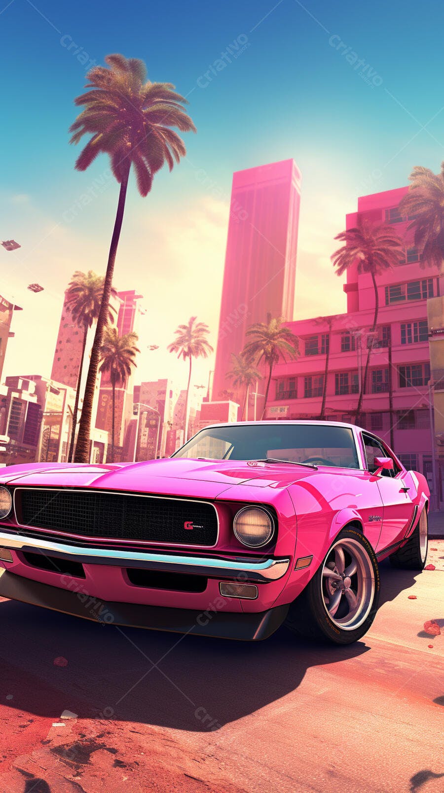 Muscle Car Rosa em Cidade Tropical
