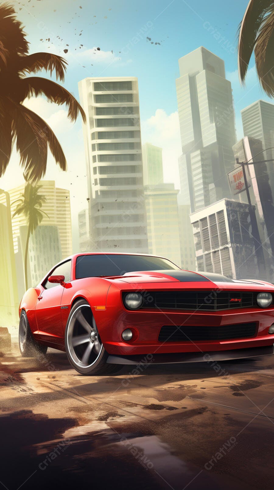 Muscle Car Vermelho em Cidade Tropical