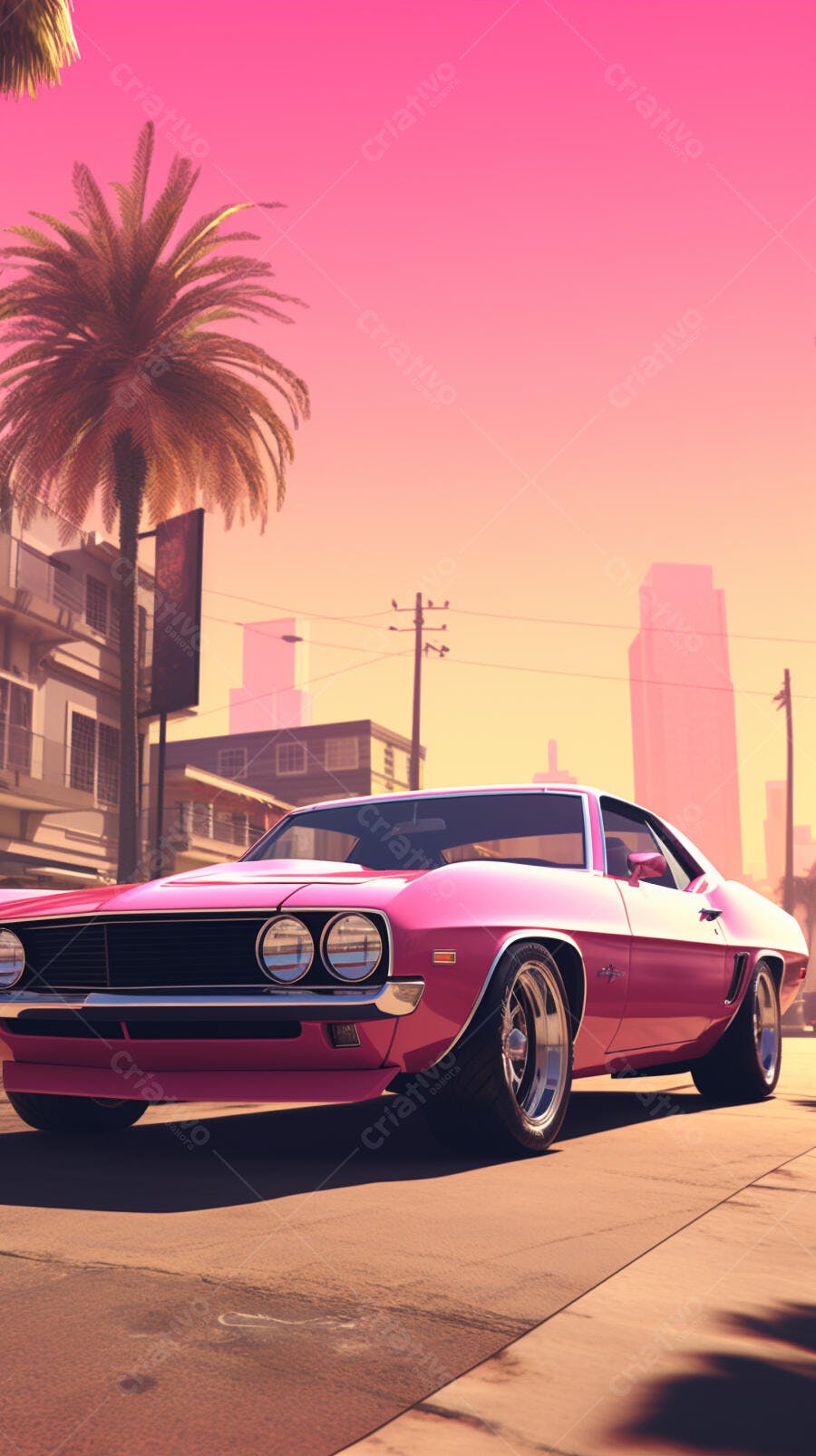 Muscle Car Rosa em Paisagem Urbana ao Pôr do Sol