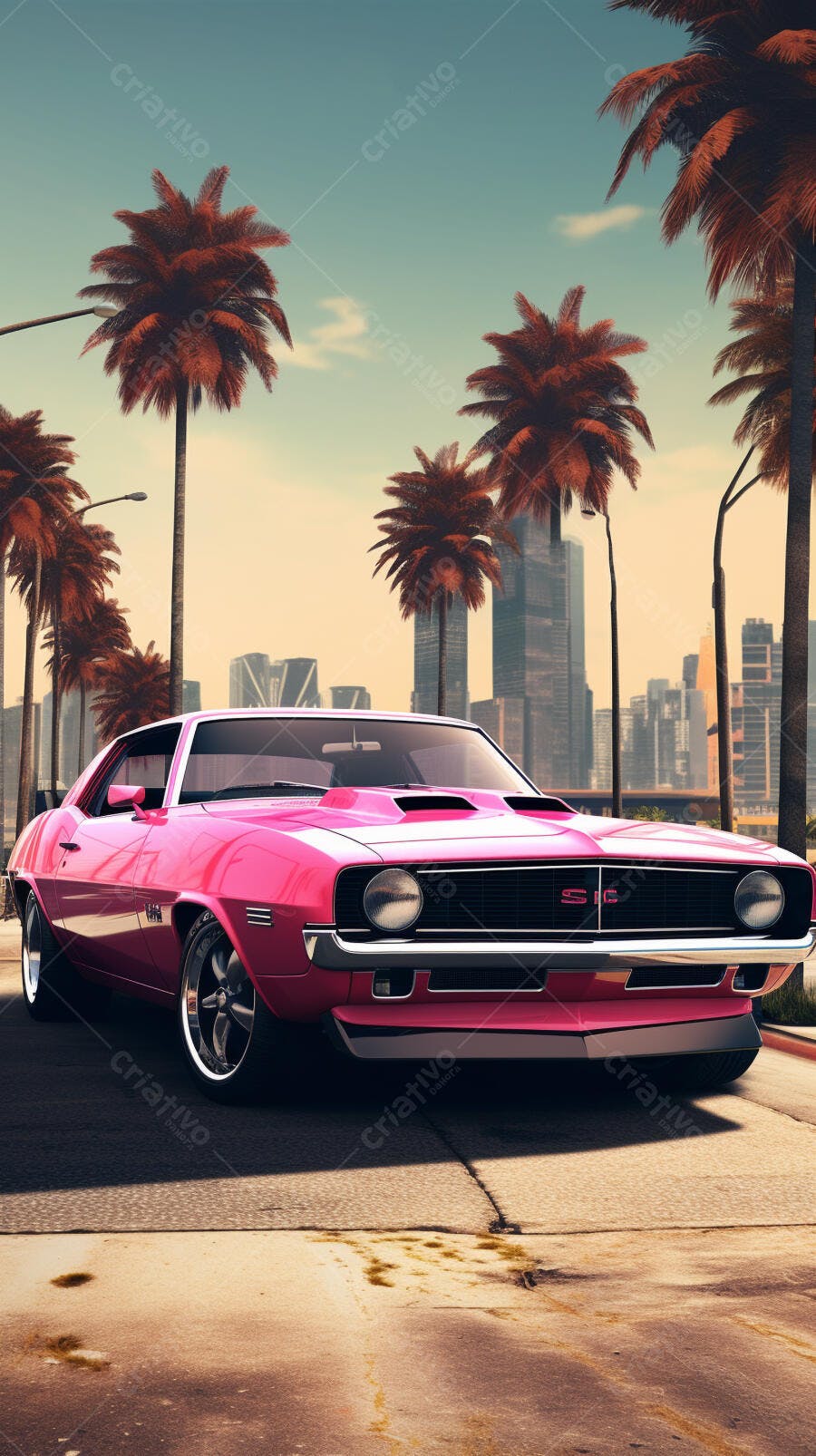 Muscle Car Rosa em Paisagem Tropical