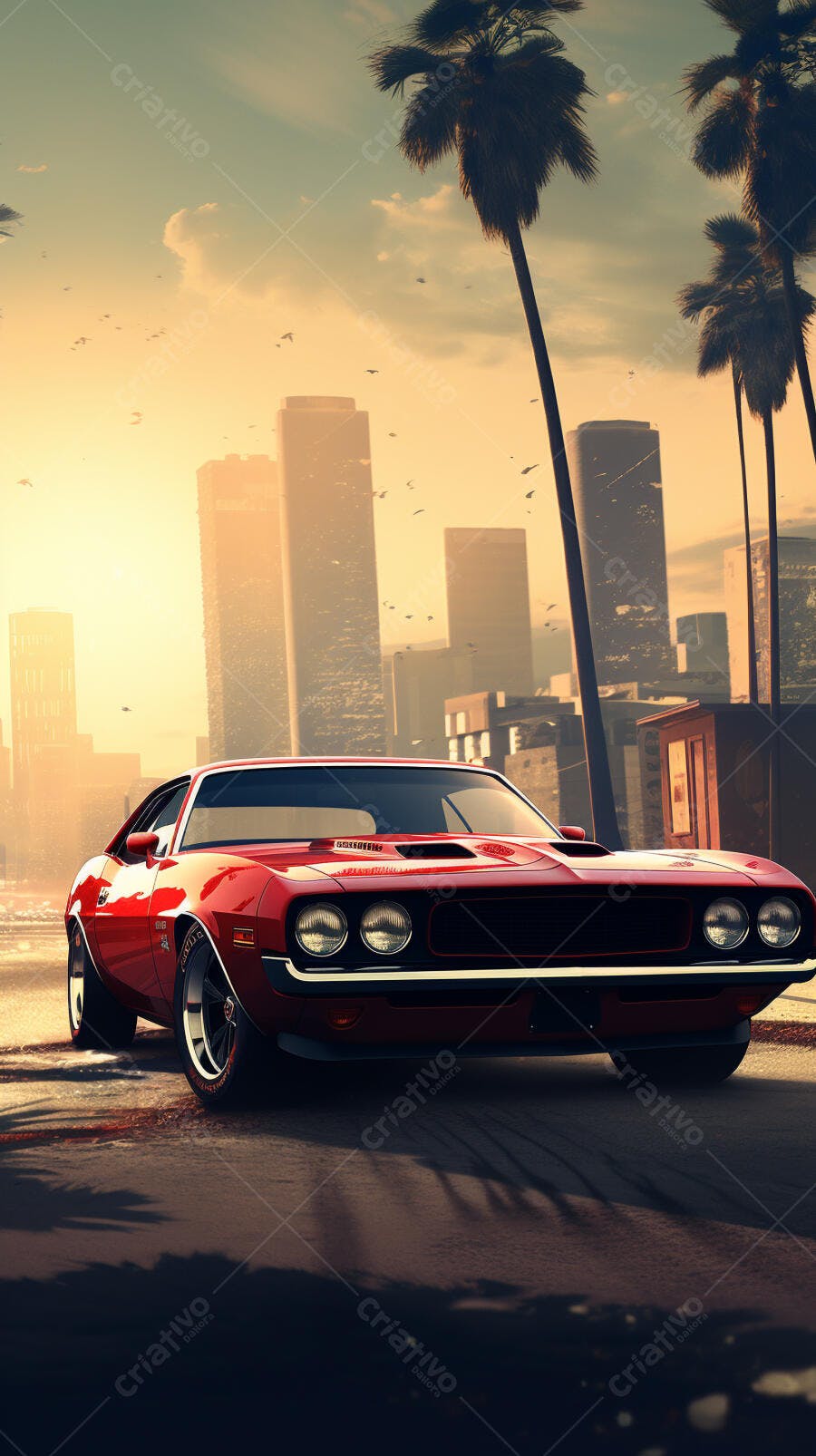 Muscle Car Vermelho ao Pôr do Sol