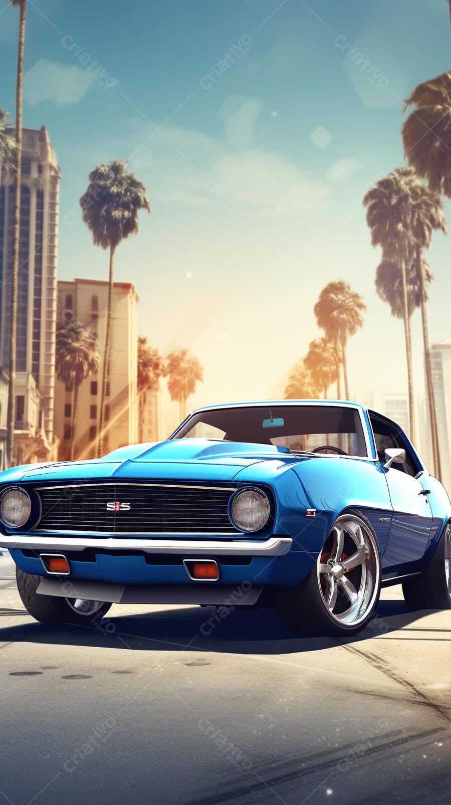 Chevrolet Camaro Azul em cenário de praia