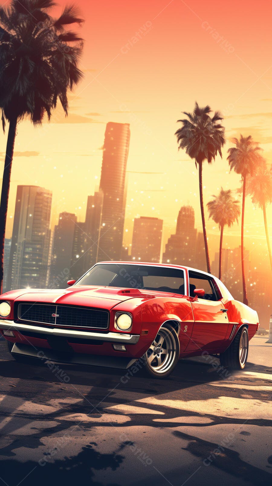 Muscle Car Vermelho ao Pôr do Sol em Los Angeles