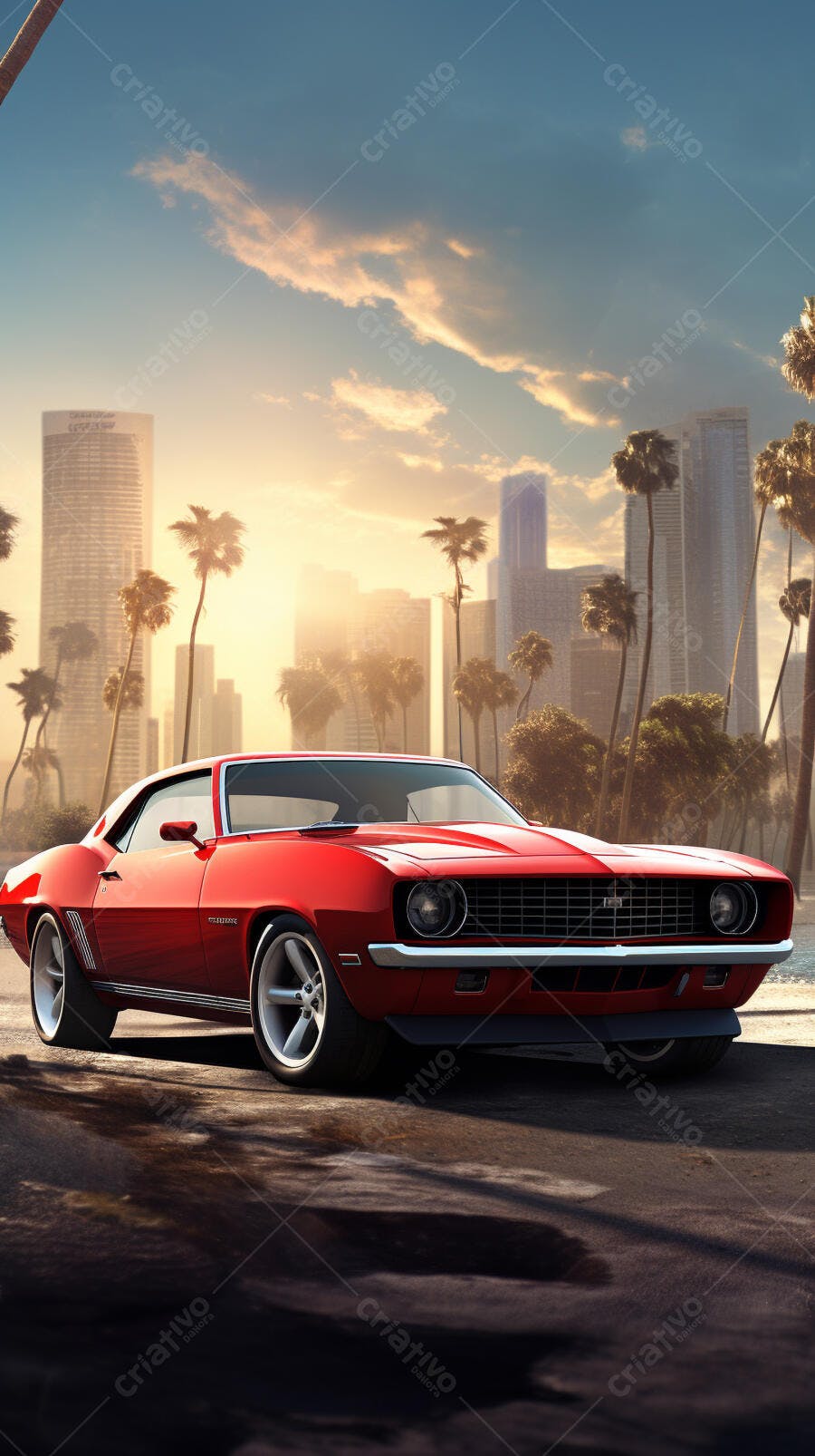 Chevrolet Camaro Vermelho ao Pôr do Sol