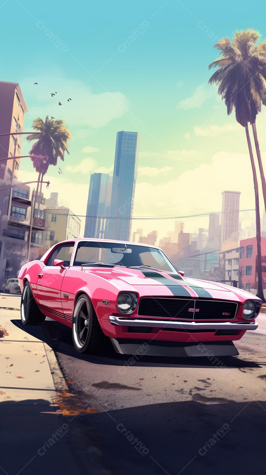 Muscle Car Rosa em Rua de Cidade