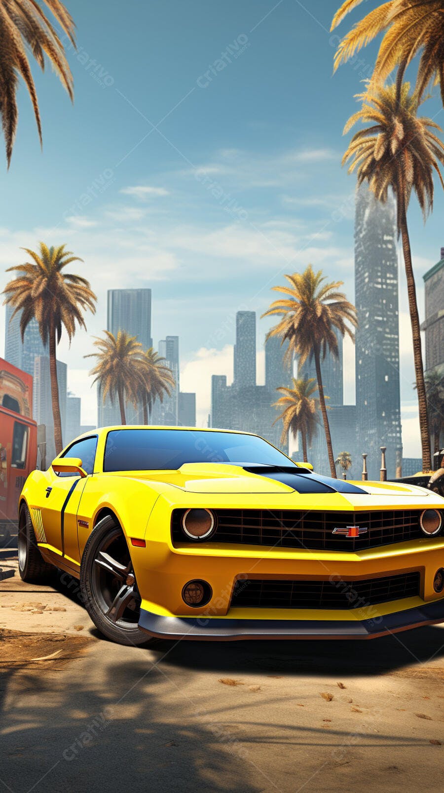 Muscle Car Amarelo em Praia com Palmeiras