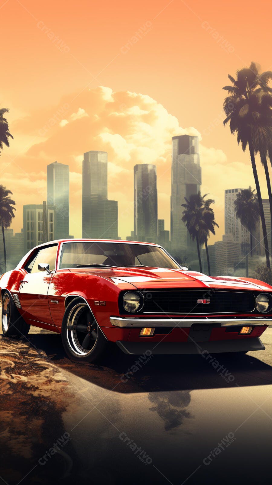 Chevrolet Camaro Vermelho ao Pôr do Sol