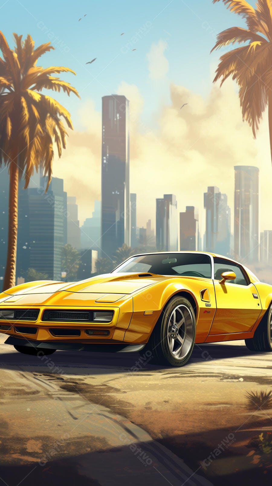 Muscle Car Amarelo em Cidade Ensolarada