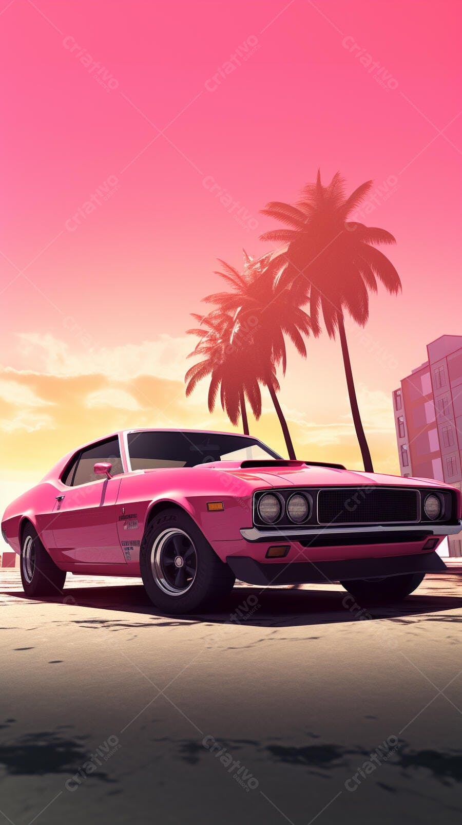 Muscle Car Rosa em Praia ao Pôr do Sol