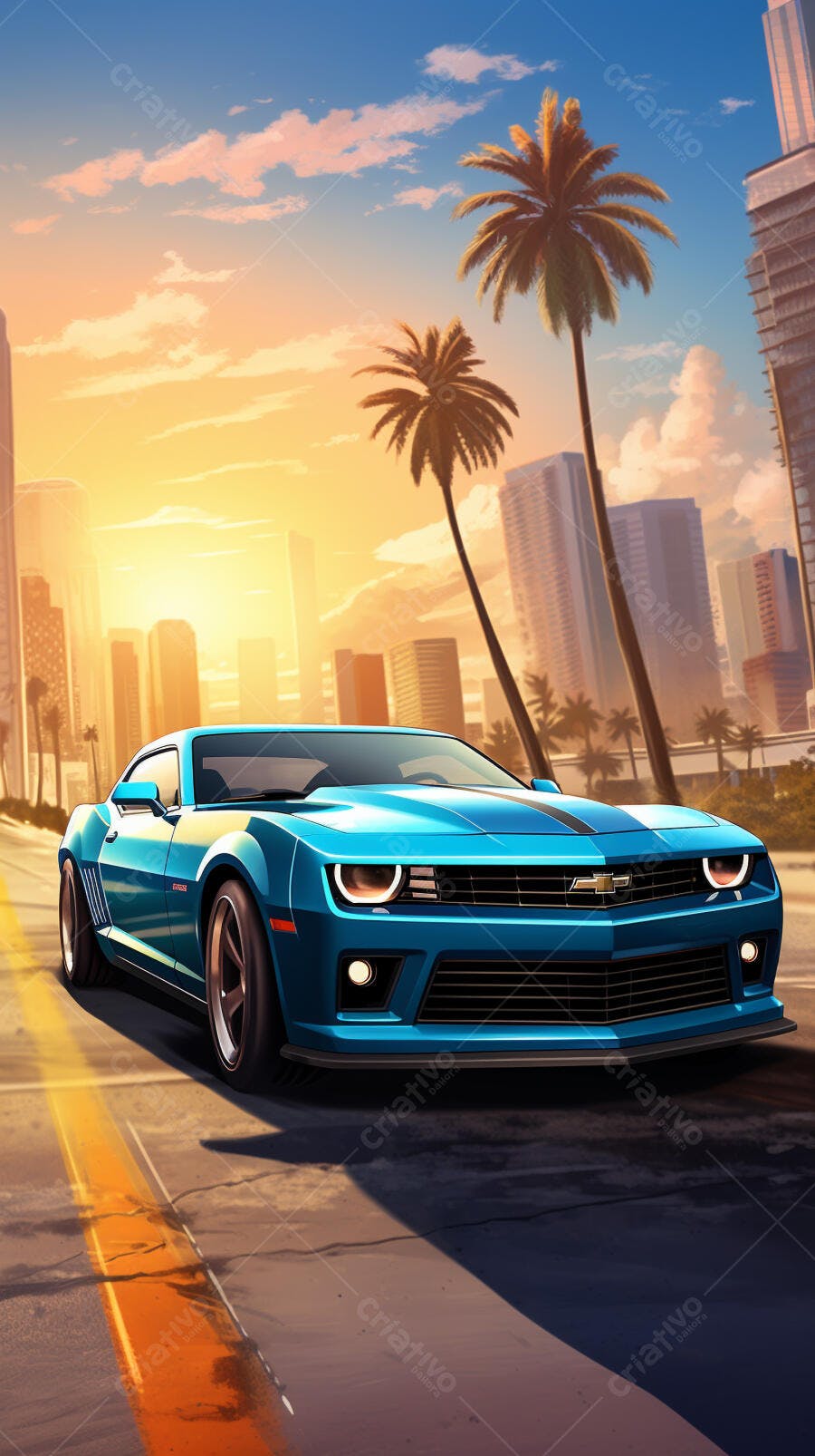 Chevrolet Camaro Azul no Pôr do Sol