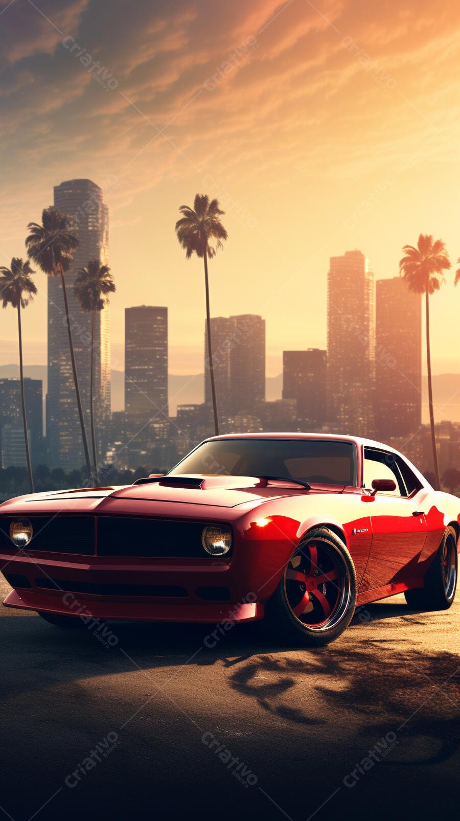 Muscle Car Vermelho ao Pôr do Sol em Los Angeles