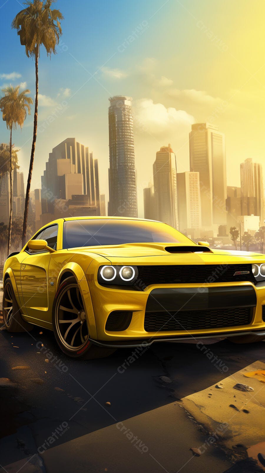 Muscle Car Amarelo em Los Angeles ao Pôr do Sol