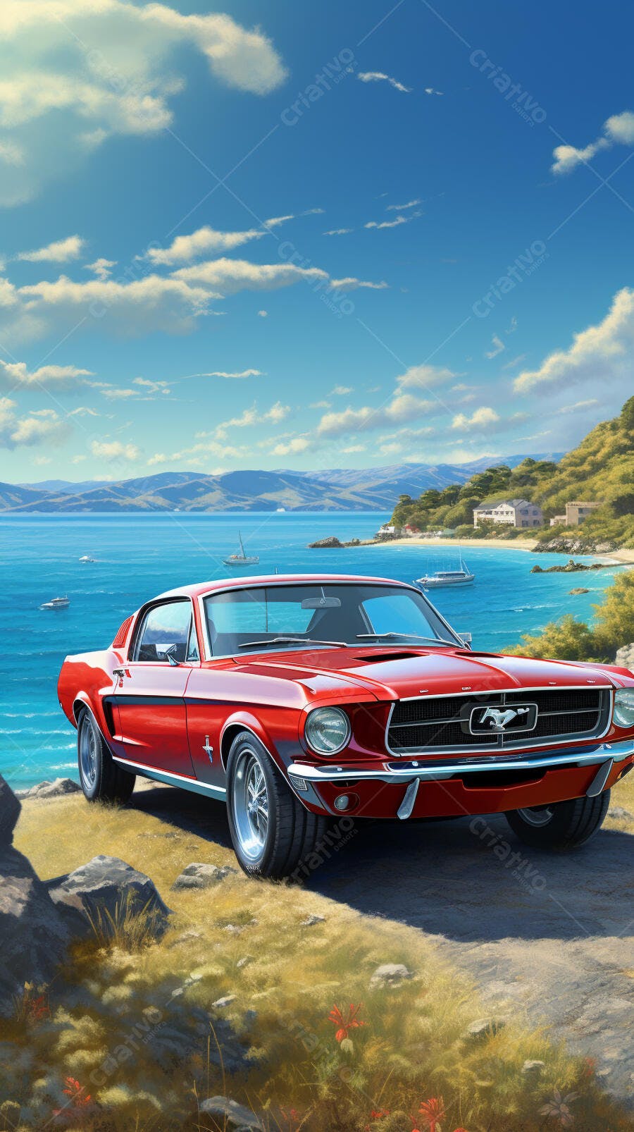 Mustang vermelho em paisagem costeira