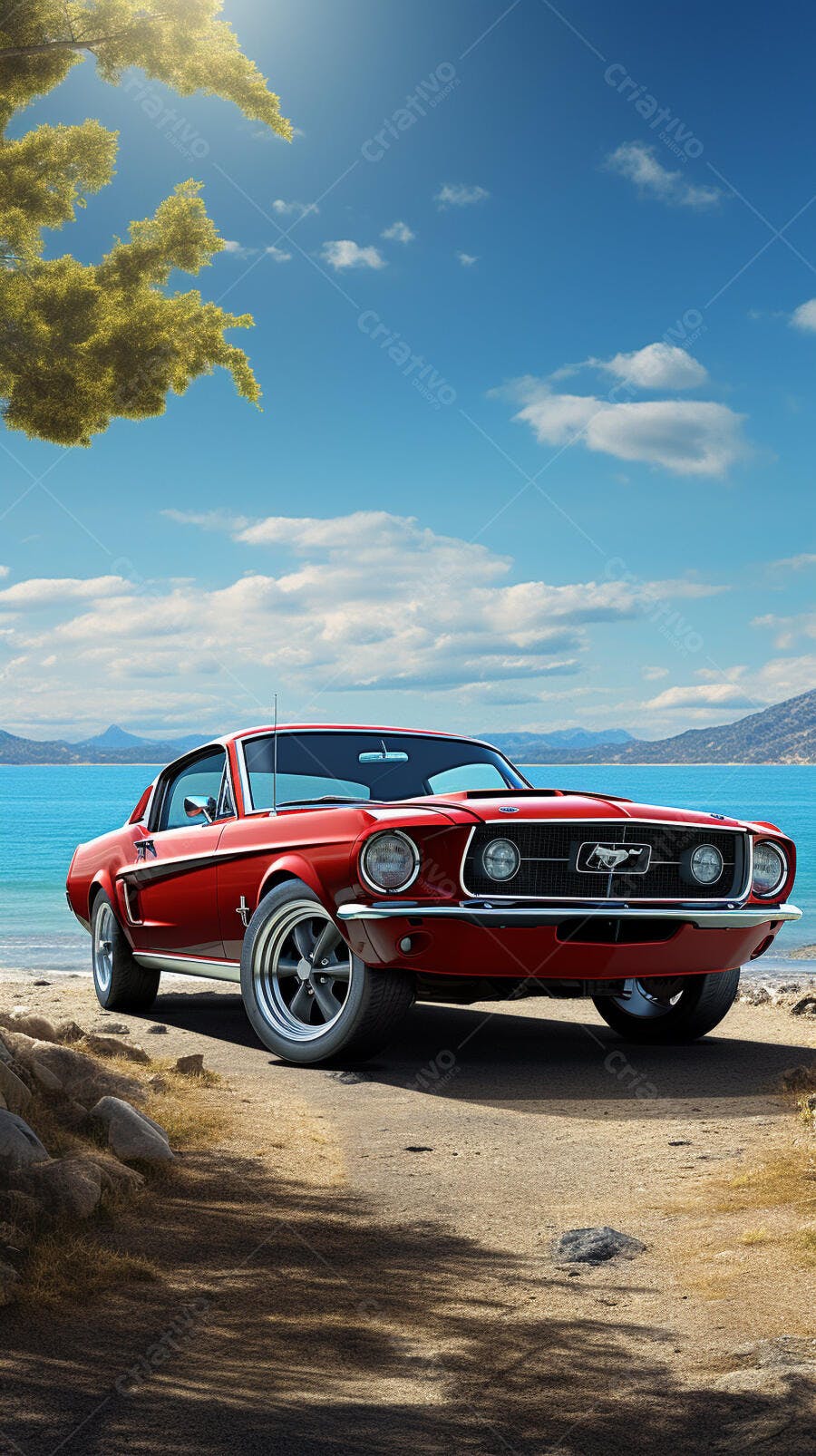 Mustang vermelho na praia ensolarada