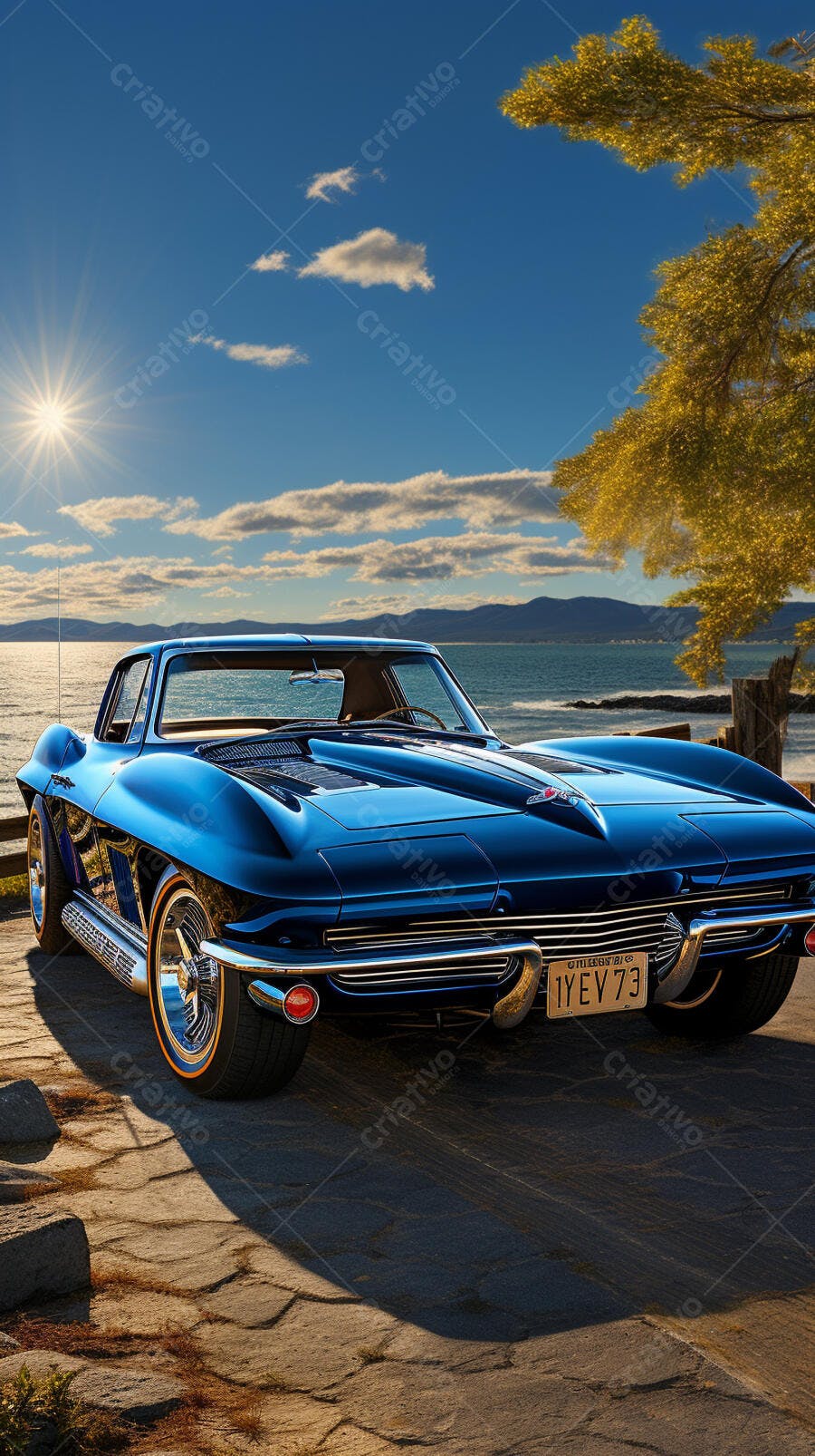 Chevrolet Corvette azul beira mar ao pôr do sol