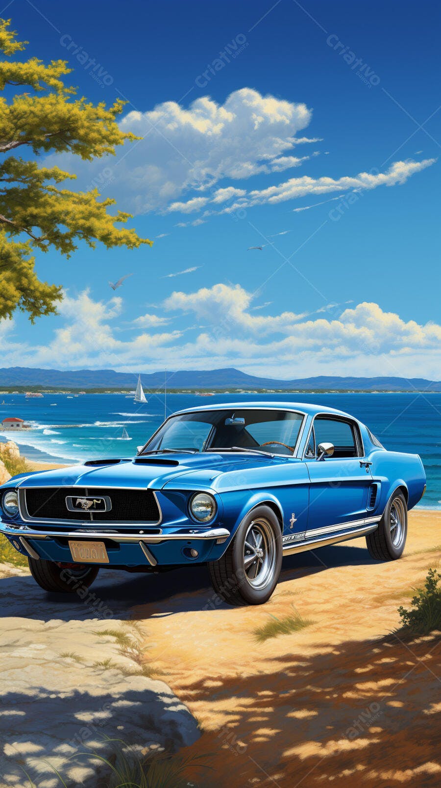 Ford Mustang azul na praia ensolarada