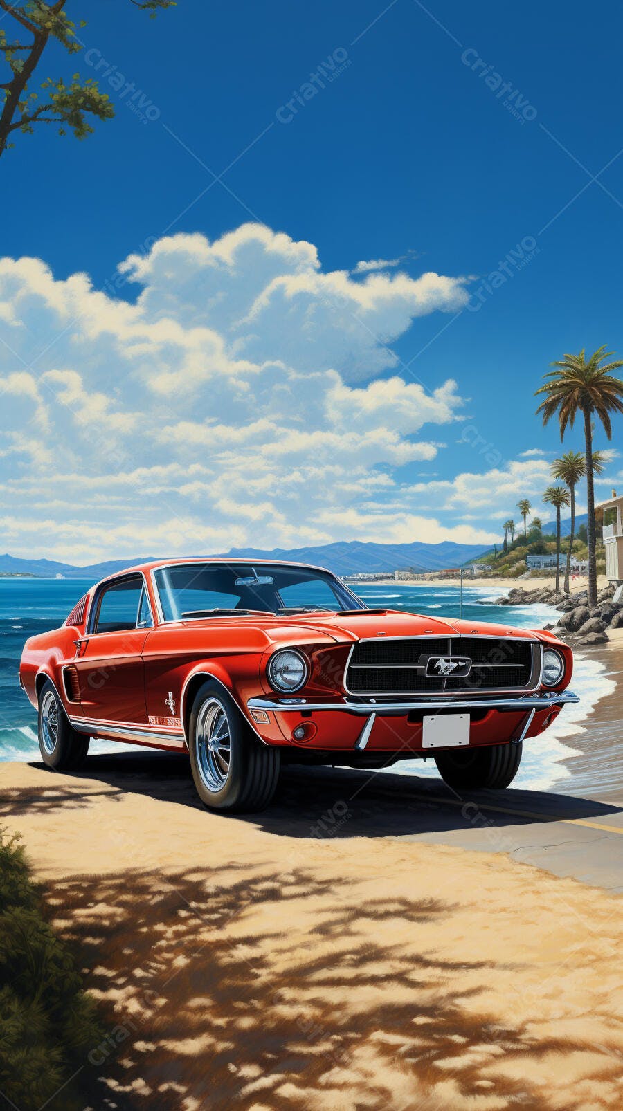 Ford Mustang vermelho na praia ensolarada