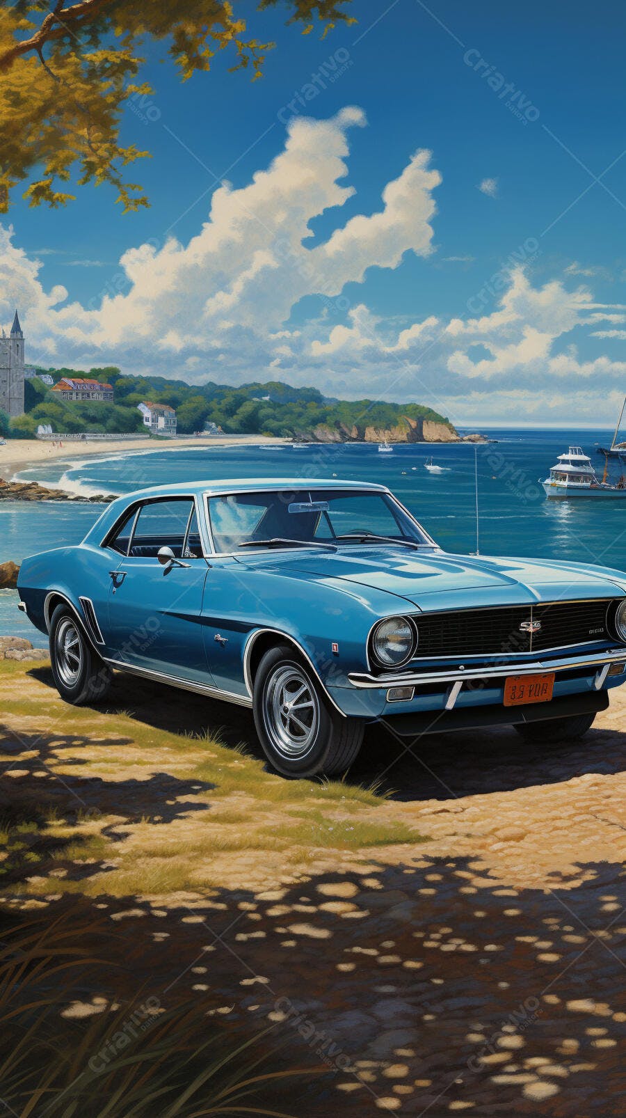 Chevrolet Camaro azul na praia ensolarada
