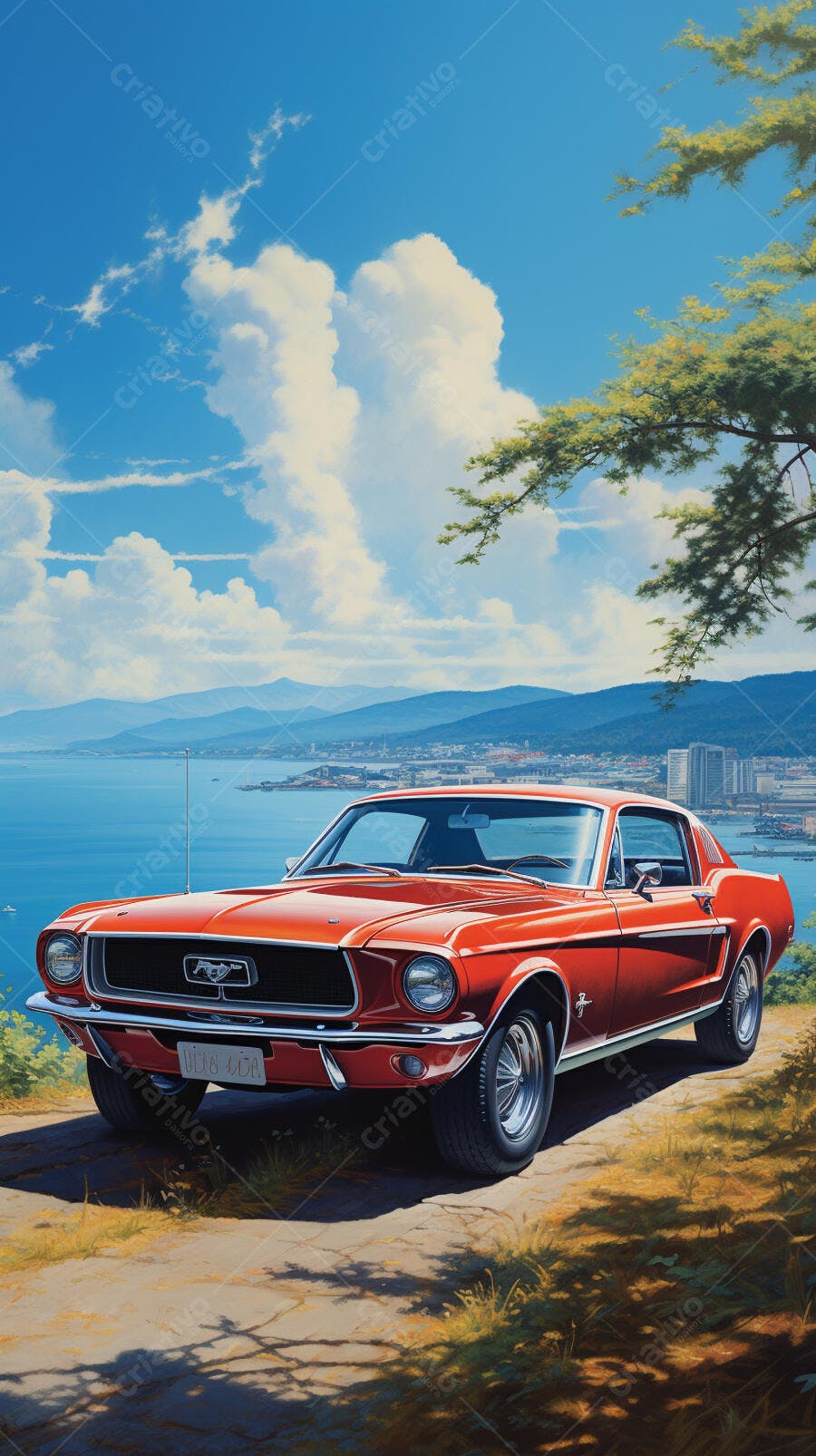Mustang vermelho em paisagem costeira