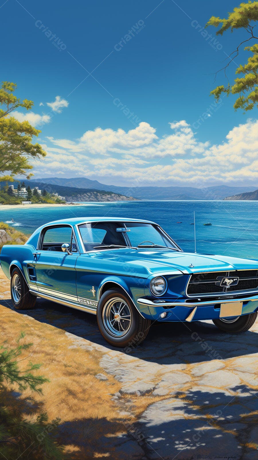 Ford Mustang azul na praia ensolarada