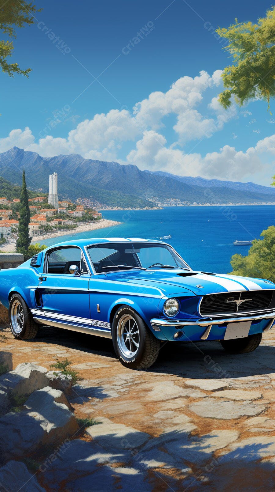 Ford Mustang Azul na Costa Mediterrânea