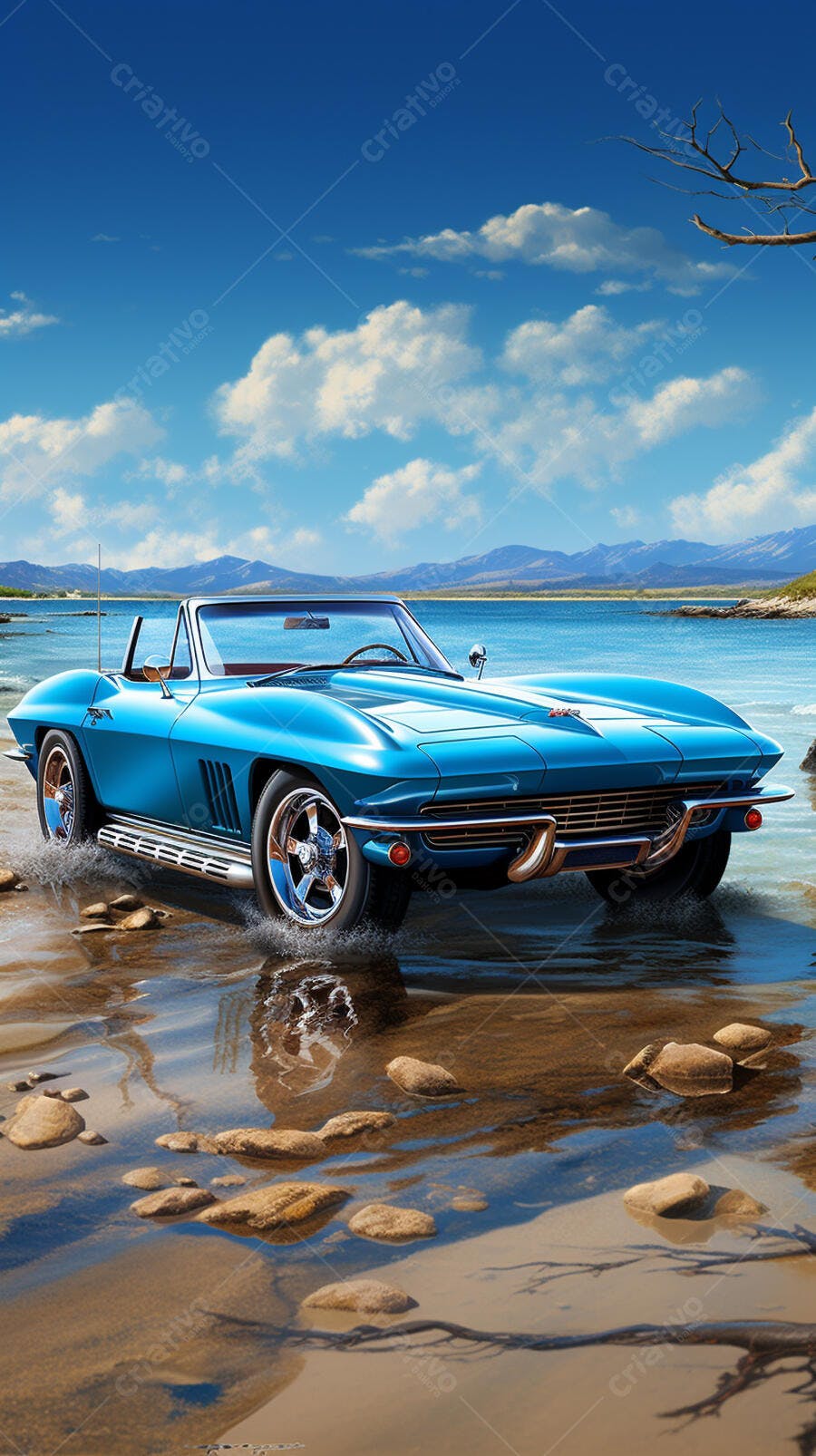 Chevrolet Corvette azul na praia ensolarada
