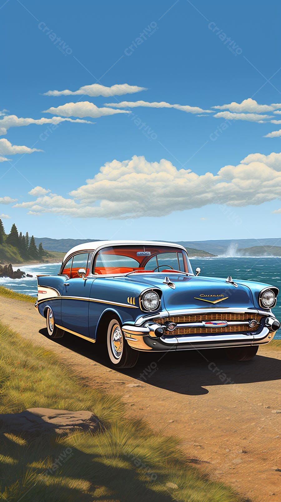 Chevrolet 1957 azul na estrada litorânea