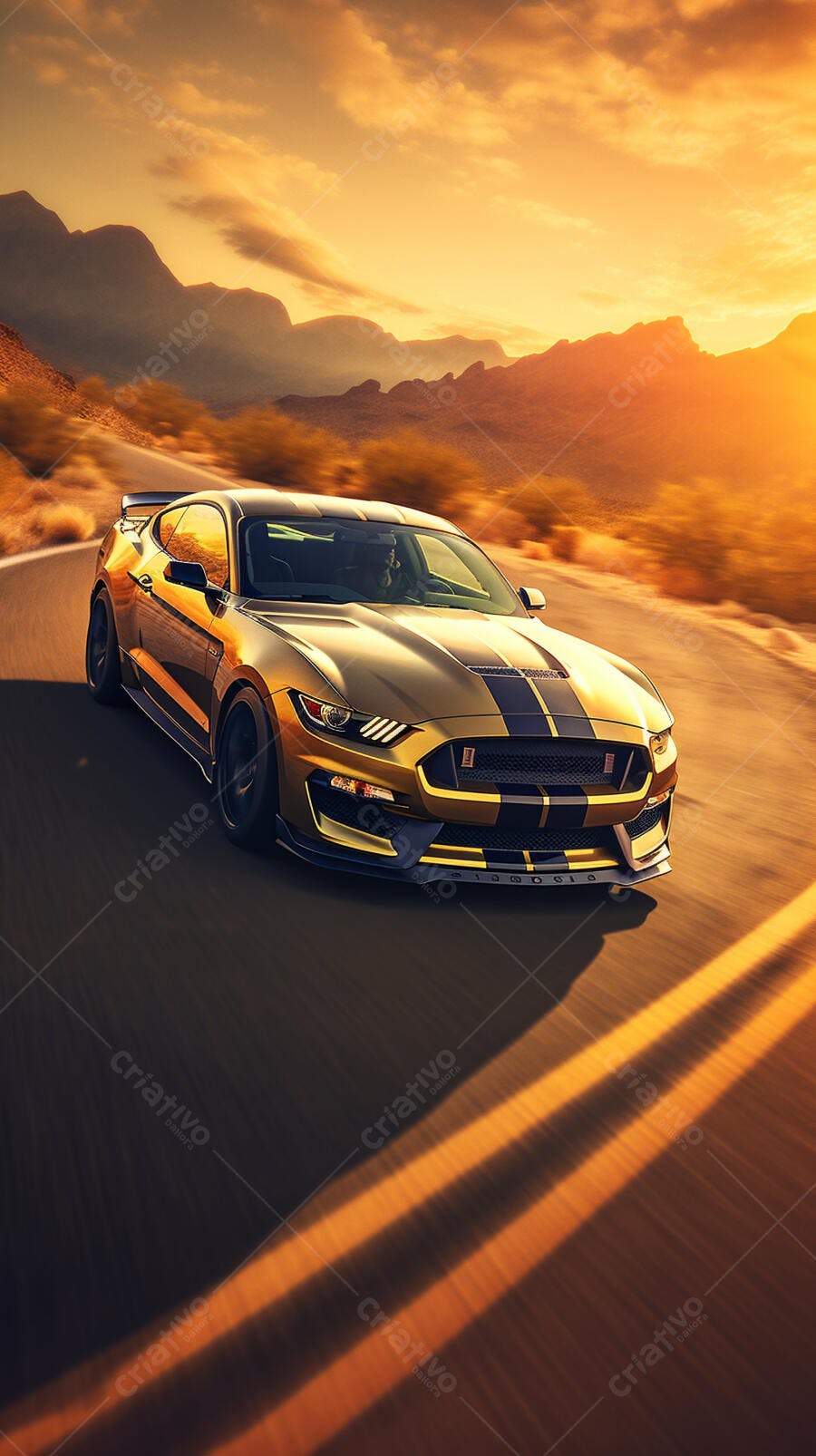 Mustang dourado em estrada desértica ao pôr do sol