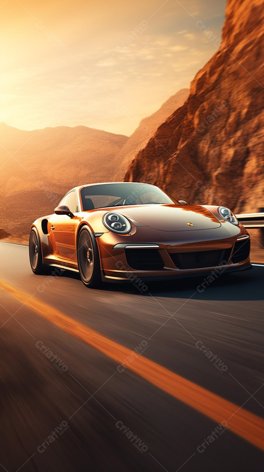 Porsche dourada em estrada montanhosa ao entardecer