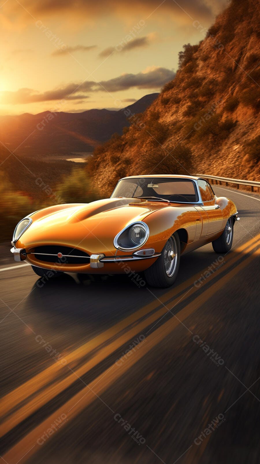 Jaguar dourado em estrada montanhosa ao entardecer