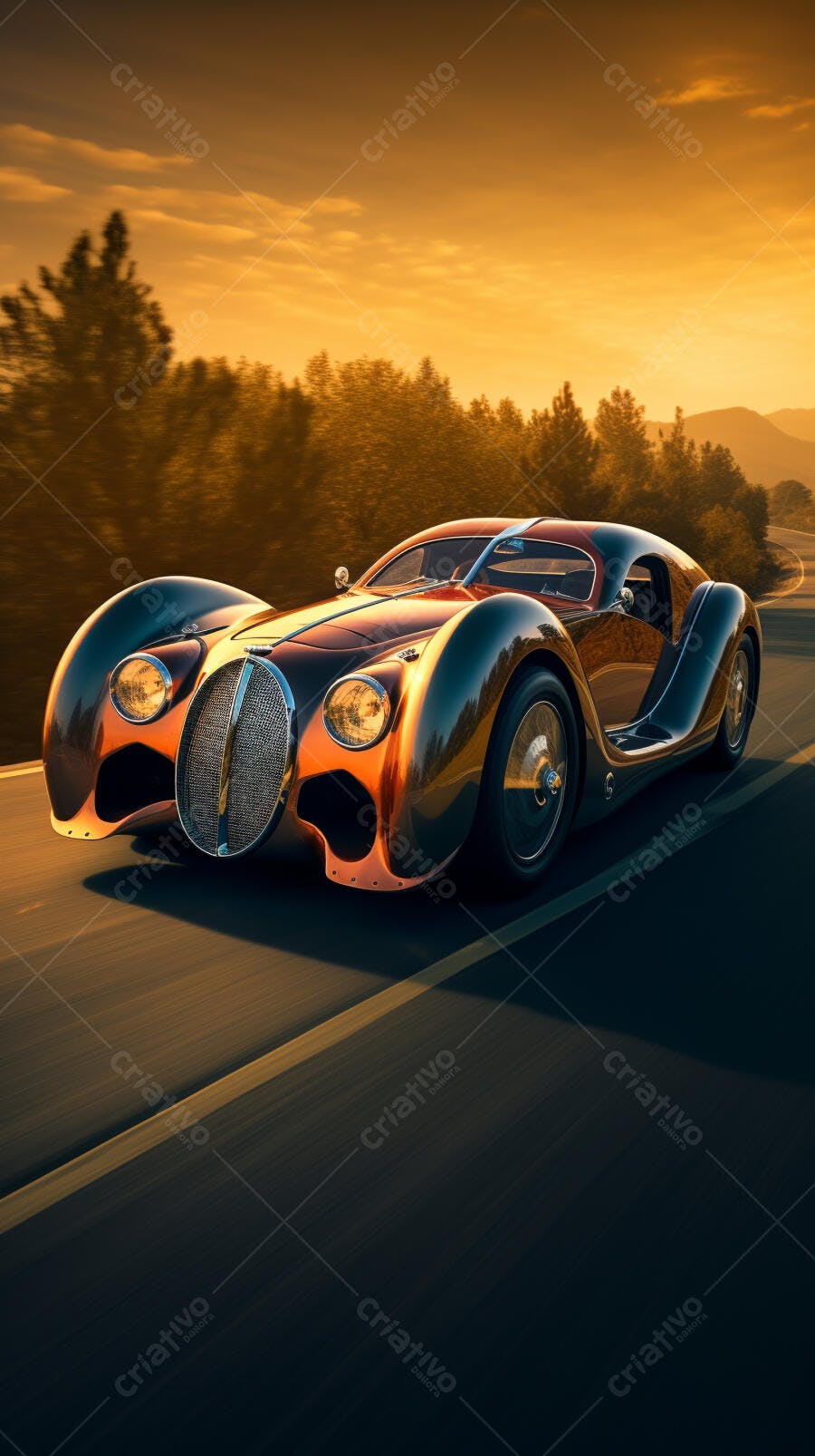 Carro Clássico Dourado ao Pôr do Sol