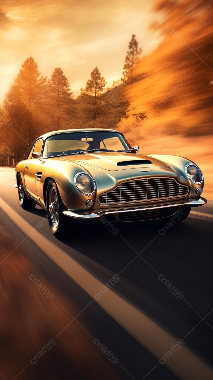 Aston Martin DB5 dourado em estrada ao pôr do sol