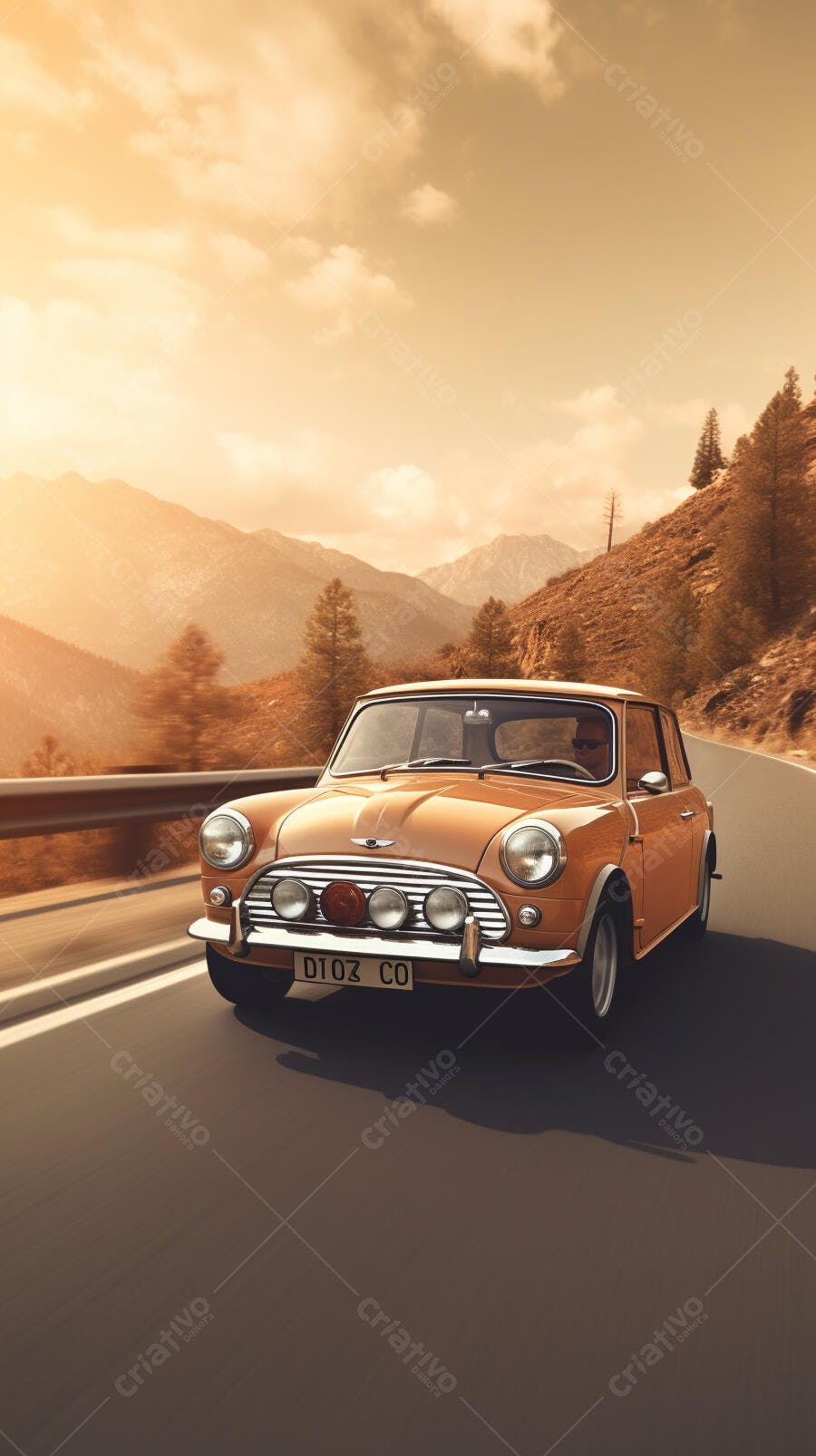Mini Cooper clássica em estrada de montanha