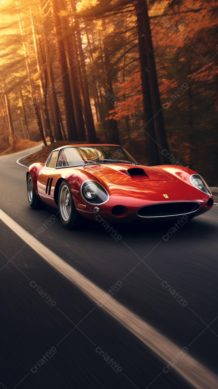 Ferrari vermelha em estrada florestal ao entardecer