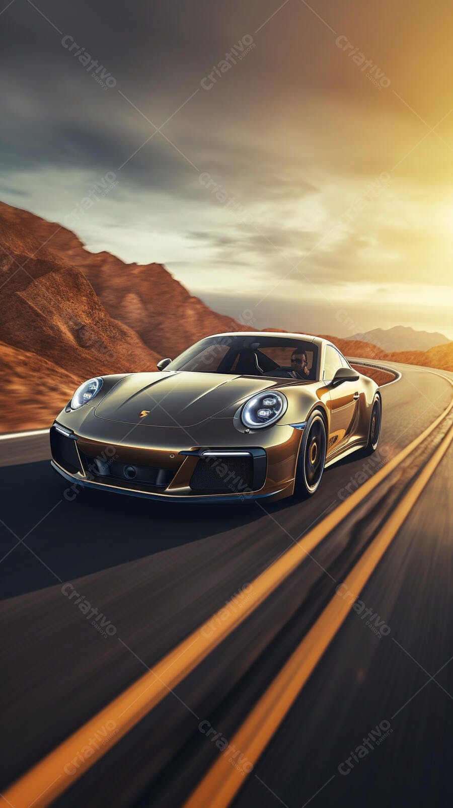 Porsche dourada em estrada desértica ao pôr do sol