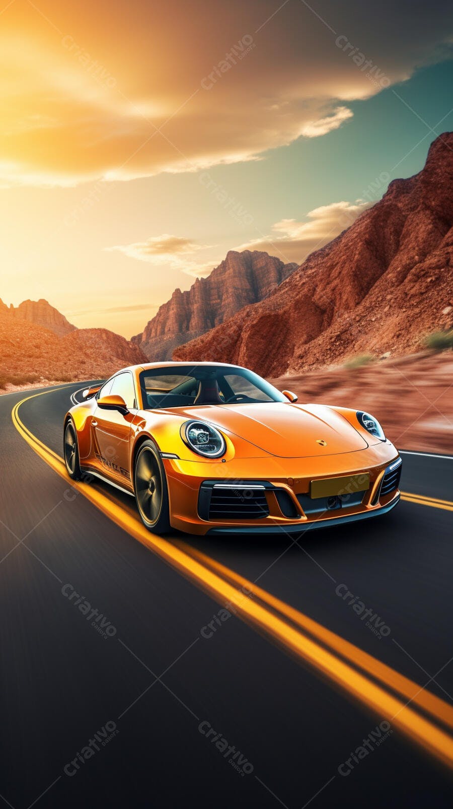 Porsche 911 dourada em estrada desértica