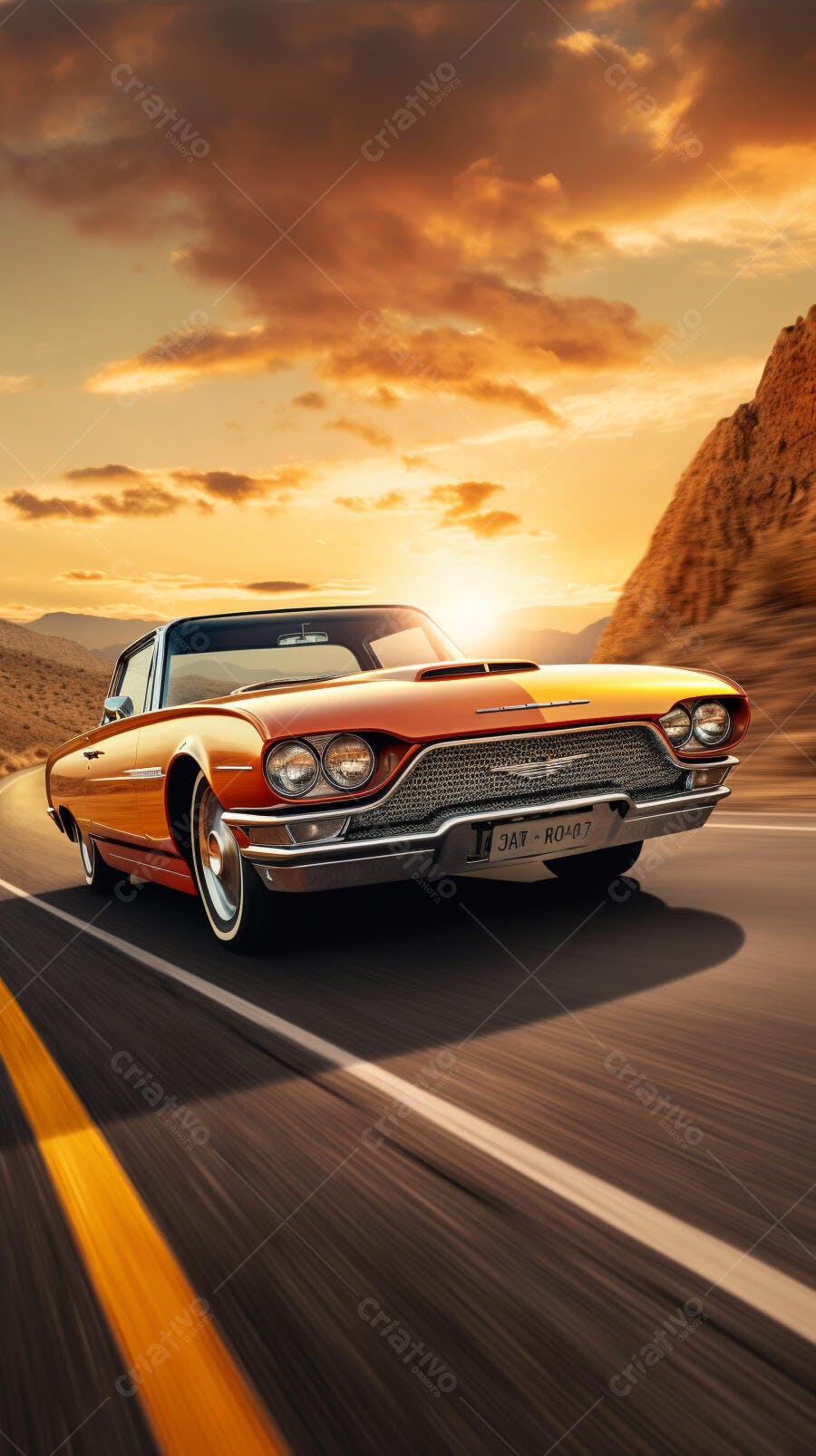 Ford Thunderbird Laranja em estrada desértica ao pôr do sol