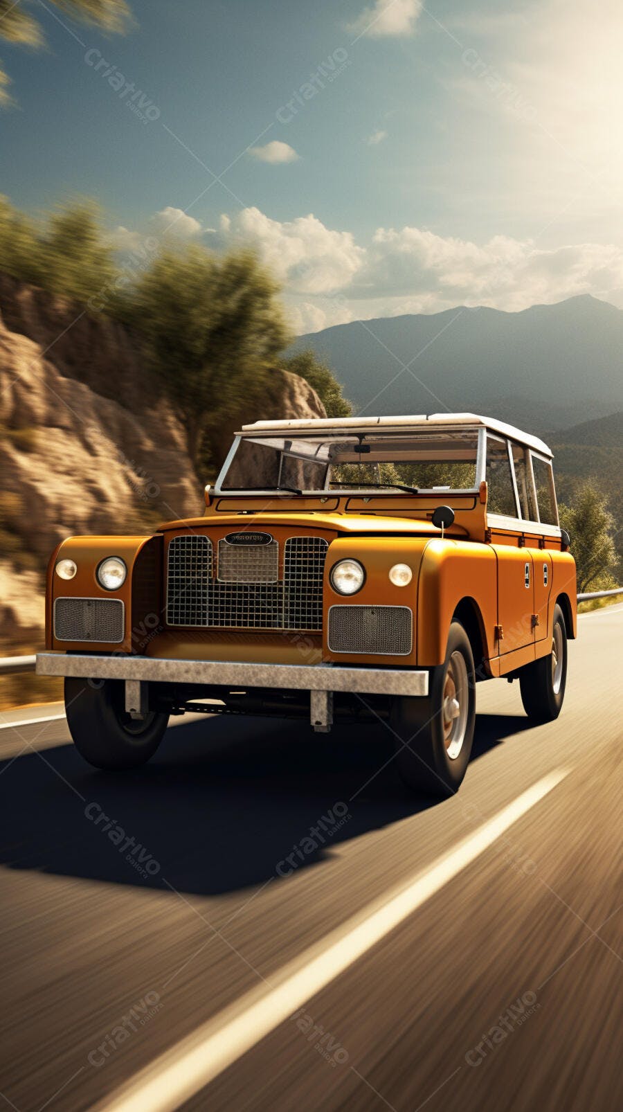 Land Rover clássico numa estrada de montanha