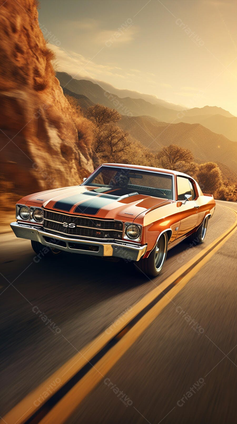 Chevrolet SS clássico em estrada montanhosa ao pôr do sol