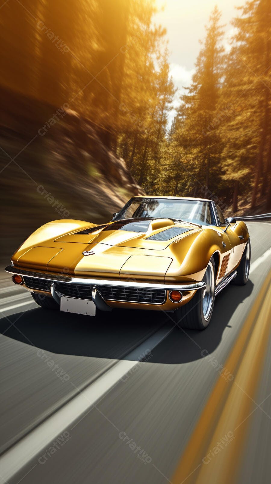 Chevrolet Corvette Dourado em Estrada Florestal