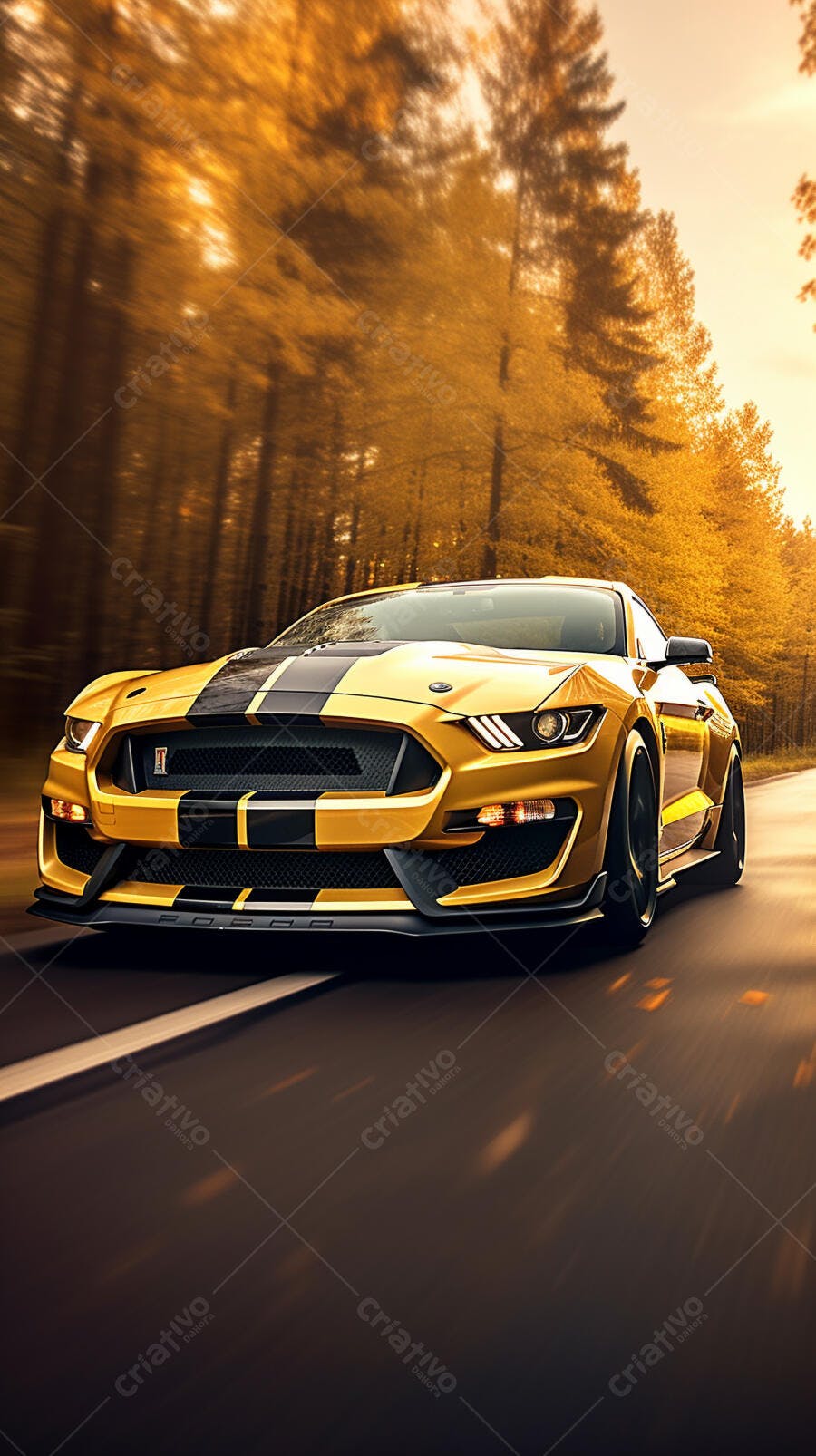 Mustang Shelby GT500 dourado em estrada de outono