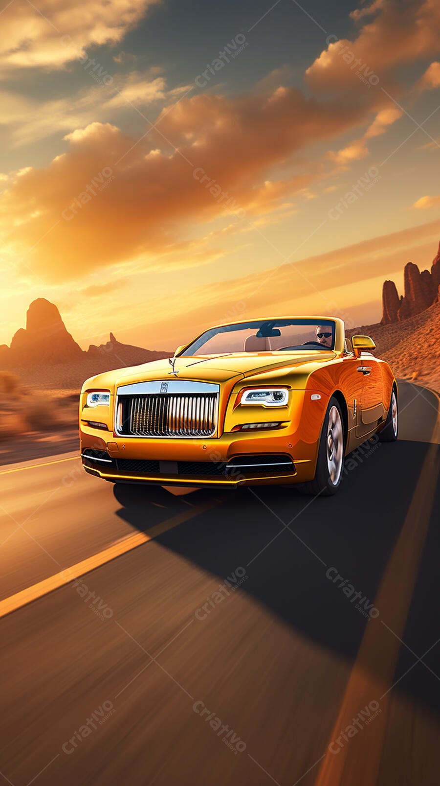 Rolls Royce amarelo em estrada desértica ao pôr do sol