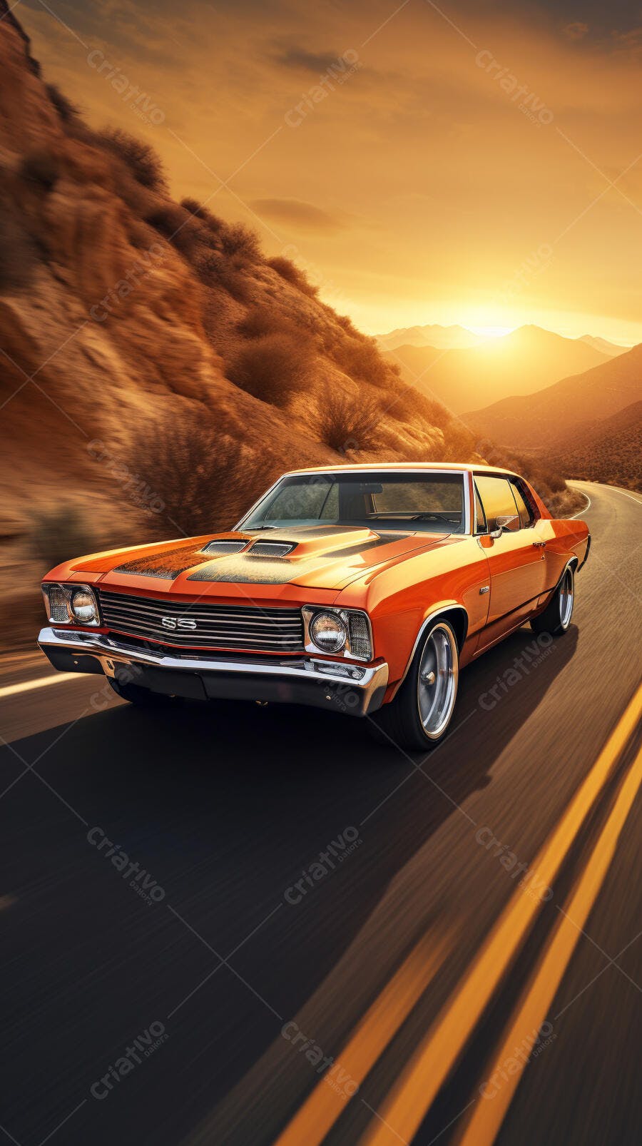 Muscle Car Laranja no Deserto ao Pôr do Sol