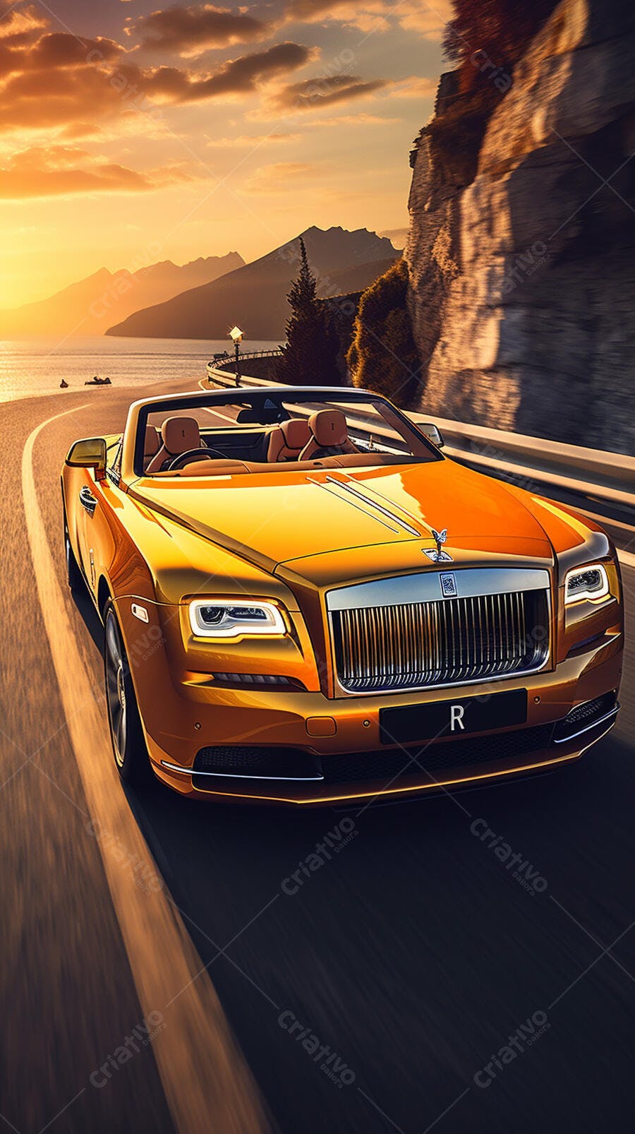 Rolls Royce conversível dourado em estrada costeira