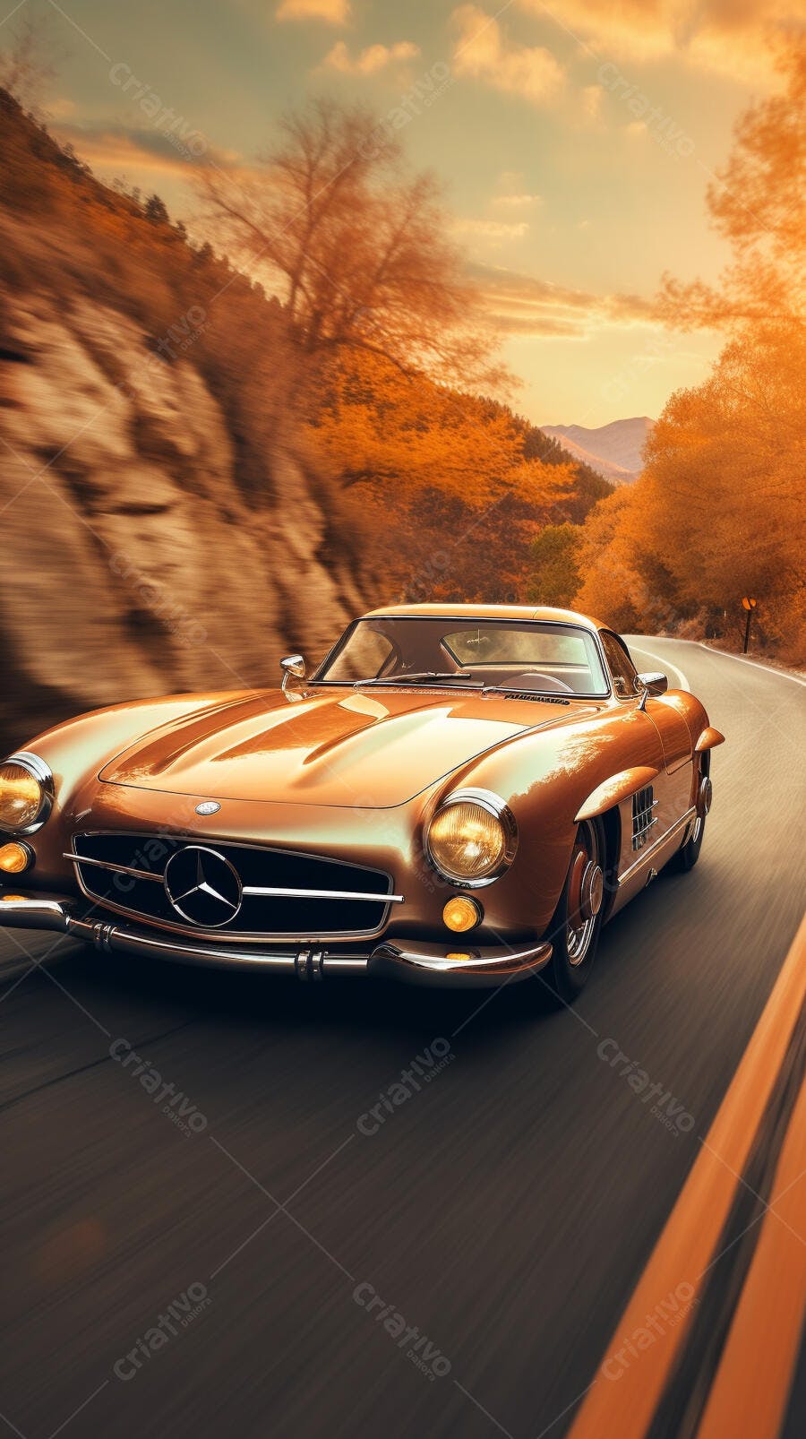 Mercedes-Benz 300 SL rodando em estrada de outono