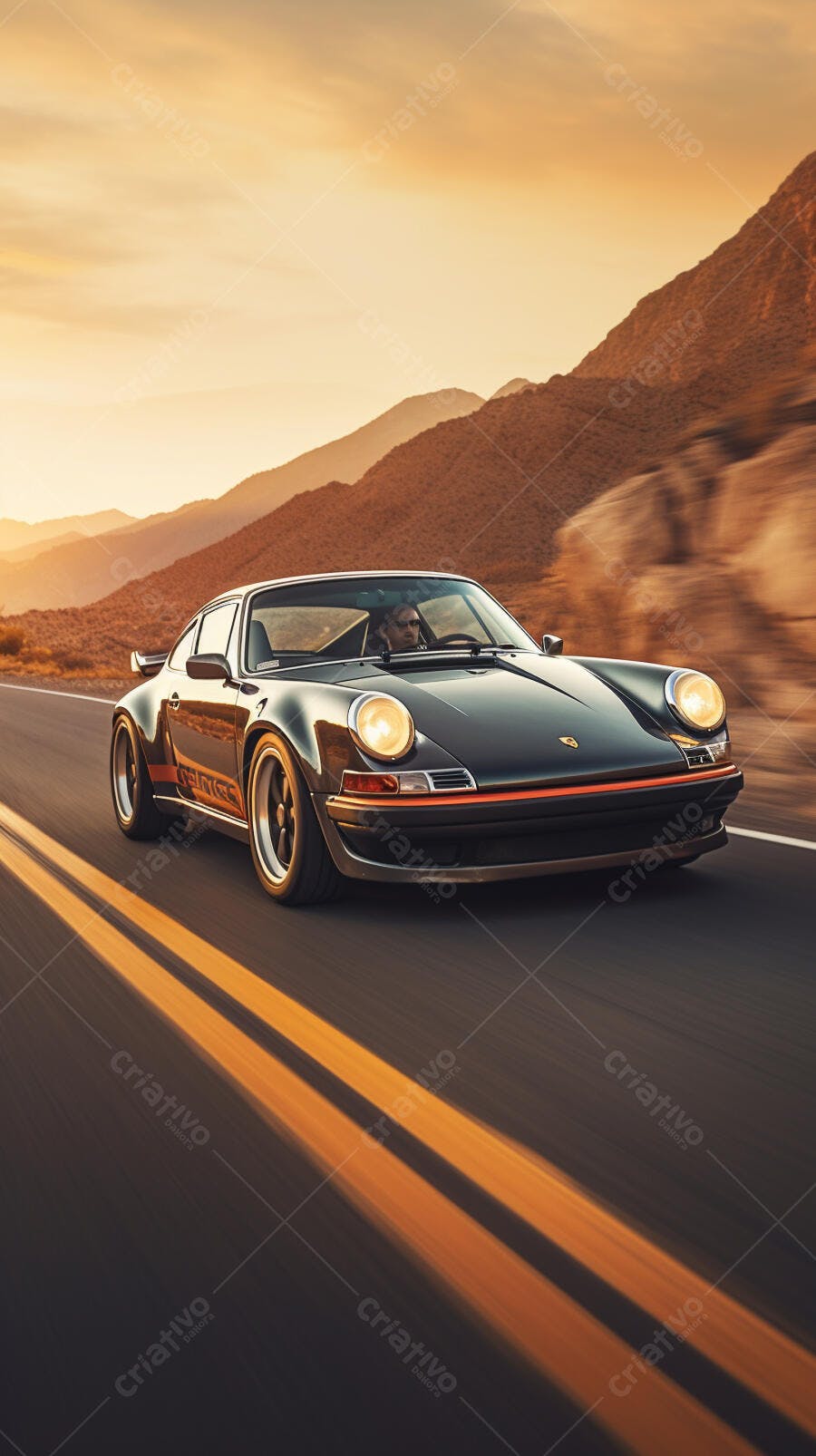 Porsche 911 clássica em estrada desértica ao pôr do sol